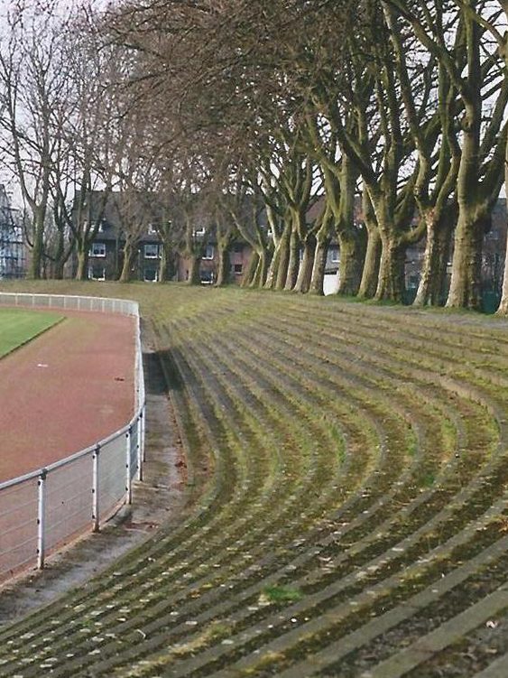 Blick auf eine zugewachsene Stehplatztribüne mit Bäumen im Hintergrund. Stadion TuS Helene Altenessen, Fußballtour Ruhrgebiet